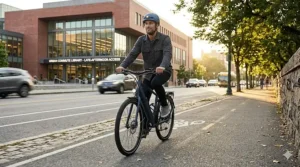 A person riding an affordable electric bike to work on a paved bike path.