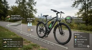 Illustration showing the estimated mileage range for an electric bike under $900 on a single charge.