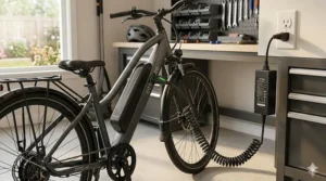 Illustration of a removable battery for an electric bike under $900 being charged at a standard wall outlet.