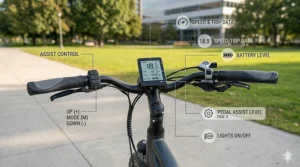 Illustration of a handlebar-mounted LCD screen on a budget electric bike showing speed and battery level.