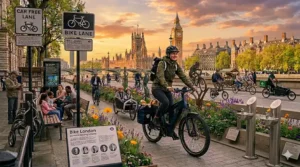 A graphic illustrating the carbon footprint reduction when choosing an electric bike replacement for car.