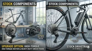 A side-by-side technical illustration comparing a rear hub motor and a mid-drive motor installation on an electric bike.