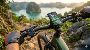 Modern color LCD cockpit display on a premium electric bike showing speed and battery life.