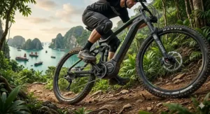 Close-up of a powerful mid-drive motor on a premium electric bike under $4000.