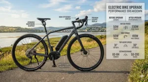 A split graphic comparing a stock electric bike's range and speed metrics against an upgraded version optimized under a 2000 dollar budget.