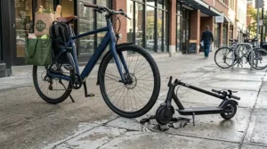 Large pneumatic electric bike wheels compared to small electric scooter wheels tackling rough city street pavement.