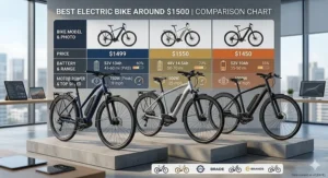 An infographic comparing the range, motor power, and battery specifications of the best electric bikes around $1500.