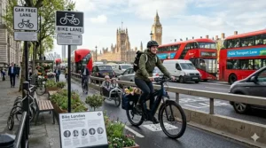An urban professional riding an electric bike replacement for car during a morning city commute.