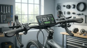 A rider's POV illustration of an upgraded e-bike handlebar cockpit featuring a modern color LCD smart display showing speed and battery level.