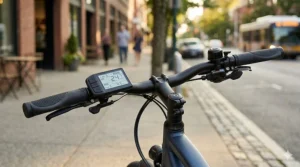 Handlebar view of a budget e-bike LCD screen showing speed and battery life.