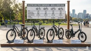 An infographic comparing features of different electric bike models priced under $900.