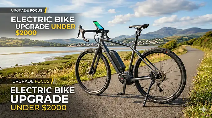 A cyclist riding a newly upgraded electric bike on a paved city path, showcasing a sleek mid-drive motor and new battery pack. electric bike upgrade under $2000