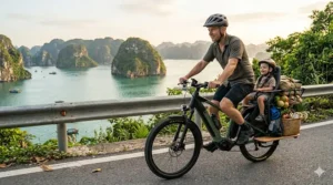 Long-tail electric cargo bike under $4000 loaded with groceries in an urban environment.
