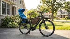 Long-tail electric cargo bike under $5000 carrying groceries and a child seat in a suburban neighborhood.