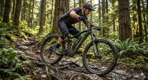 Full suspension electric mountain bike under $4000 tackling a rugged dirt trail.
