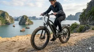 An illustration of a budget-friendly fat tire electric bike suitable for light trail riding and sand.