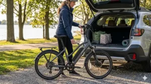 A diagram of a compact folding electric bike under $900 being stored in a car trunk.