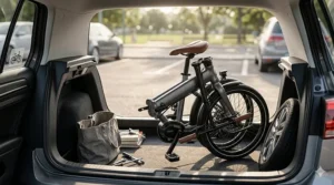Compact folding electric bike under $1200 stored in a car trunk.