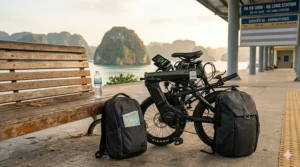 A compact, high-performance folding electric bike under $4000 standing next to a train station bench.