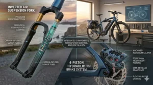 Component breakdown of premium hydraulic disc brakes and air suspension, explaining why a luxury e-bike justifies its premium cost.