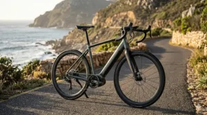 Sleek lightweight electric road bike with an integrated downtube battery on a paved coastal road.