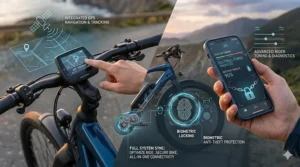 Digital dashboard and smartphone app interface highlighting the anti-theft and smart features of a premium electric bicycle.