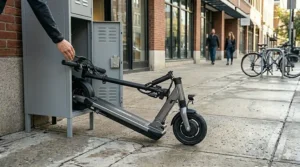 A lightweight electric scooter folded for easy storage under a desk, compared to a larger electric bicycle footprint.