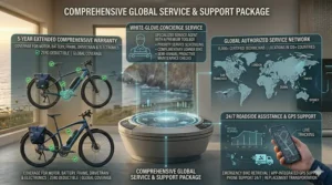 Graphic detailing the premium warranty and lifelong customer support package included with luxury electric bikes.