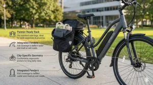 Illustration of an electric bike under $900 equipped with a rear rack and fenders for city commuting.