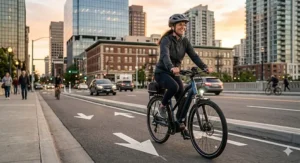 A person riding a lightweight urban commuter electric bike priced around $1500 on a city street.
