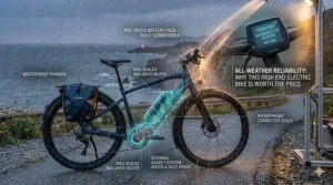 Weatherproof durability graphic demonstrating the waterproof sealing that makes a high end electric bike worth the price.