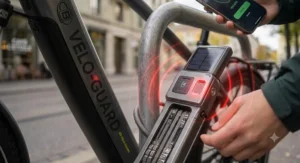 Illustration highlighting the alarm system of a commuter ebike with anti-theft lock.