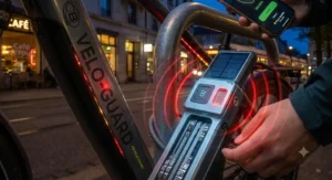 Commuter ebike with anti-theft lock illuminated under city night lights.
