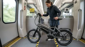 A professional placing their compact electric bike for train station commute inside a train car.