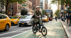 A rider navigating busy city traffic on a nimble compact design electric bike.