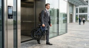 A professional carrying their compact design electric bike into an office building elevator.