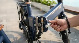 Close-up of the intuitive folding mechanism on a compact design electric bike for easy storage.