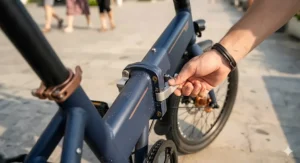 Side profile view showcasing the lightweight, aluminum alloy frame of the compact design electric bike.