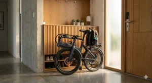 A compact design electric bike tucked neatly into a small apartment entryway.