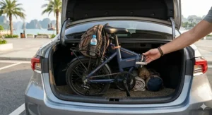Compact design electric bike fitting easily inside the trunk of a standard sedan.