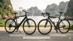 Side-by-side view comparing a traditional road bike and an electric bike that doesn't look electric.