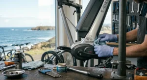 Close-up of a specialized frame coating on an electric bike for coastal areas designed for seaside environments.