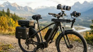 A customized electric bike equipped with specialized racks for securing delicate photography equipment.