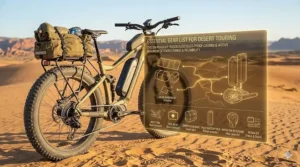 Illustration of essential gear packed on an electric bike for desert touring.