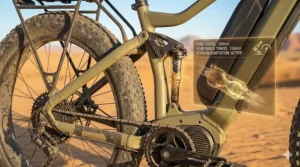 Detailed illustration of a full-suspension system for a stable electric bike for desert riding.