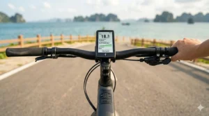 A first-person view of the handlebars of an electric bike for flat terrain, showing the digital dashboard display.