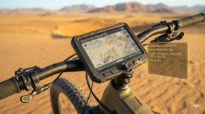 Illustration of an integrated GPS dashboard on an electric bike for desert trekking.