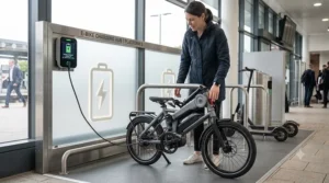Charging a battery for an electric bike for train station commute in an office setting.