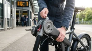 Close-up of a folding electric bike for train station commute being easily packed.