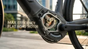 A detailed cross-section view of a high-efficiency electric motor integrated into the frame of an electric bike for flat terrain.